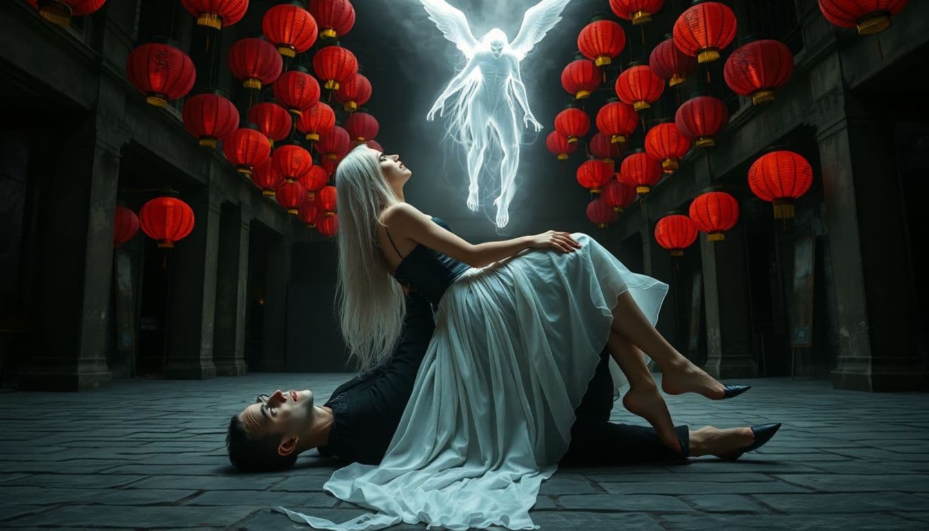 AI generated: A woman straddling a person, with a ghostly demon like figure hovering above them. The woman has lon...