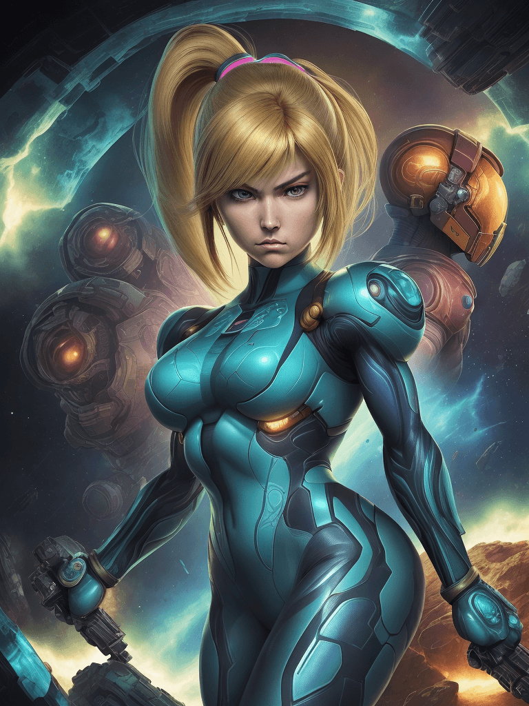 AI generated: This image presents a stunning, high-resolution portrait of Samus Aran, the legendary intergalactic ...