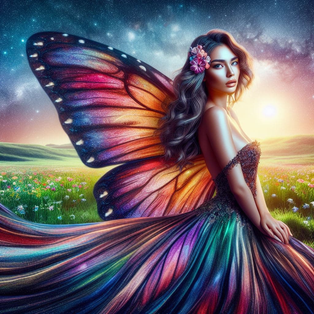 AI generated: full body picture of a beautiful woman as a butterfly in a fantasy world she has a mystical aura,she...
