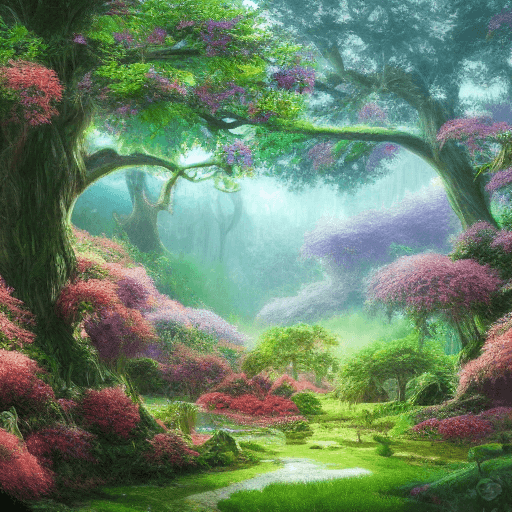 AI generated: a lush forest with colorful flowers and a large oak tree. fantasy, hyper detailed, serene
