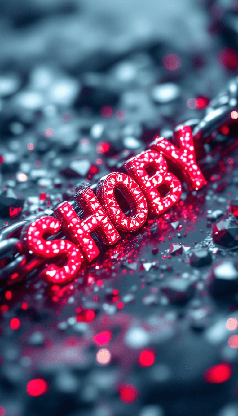 AI generated: big diamond ice out cuba chain. On the Chain  is the text: SHOBY" in a abstract red diamond font sty...