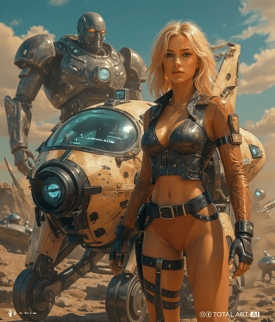 AI generated: Syd Mead style futuristic cyber dieselpunk hovercraft, beautiful European young long hair blonde wom...