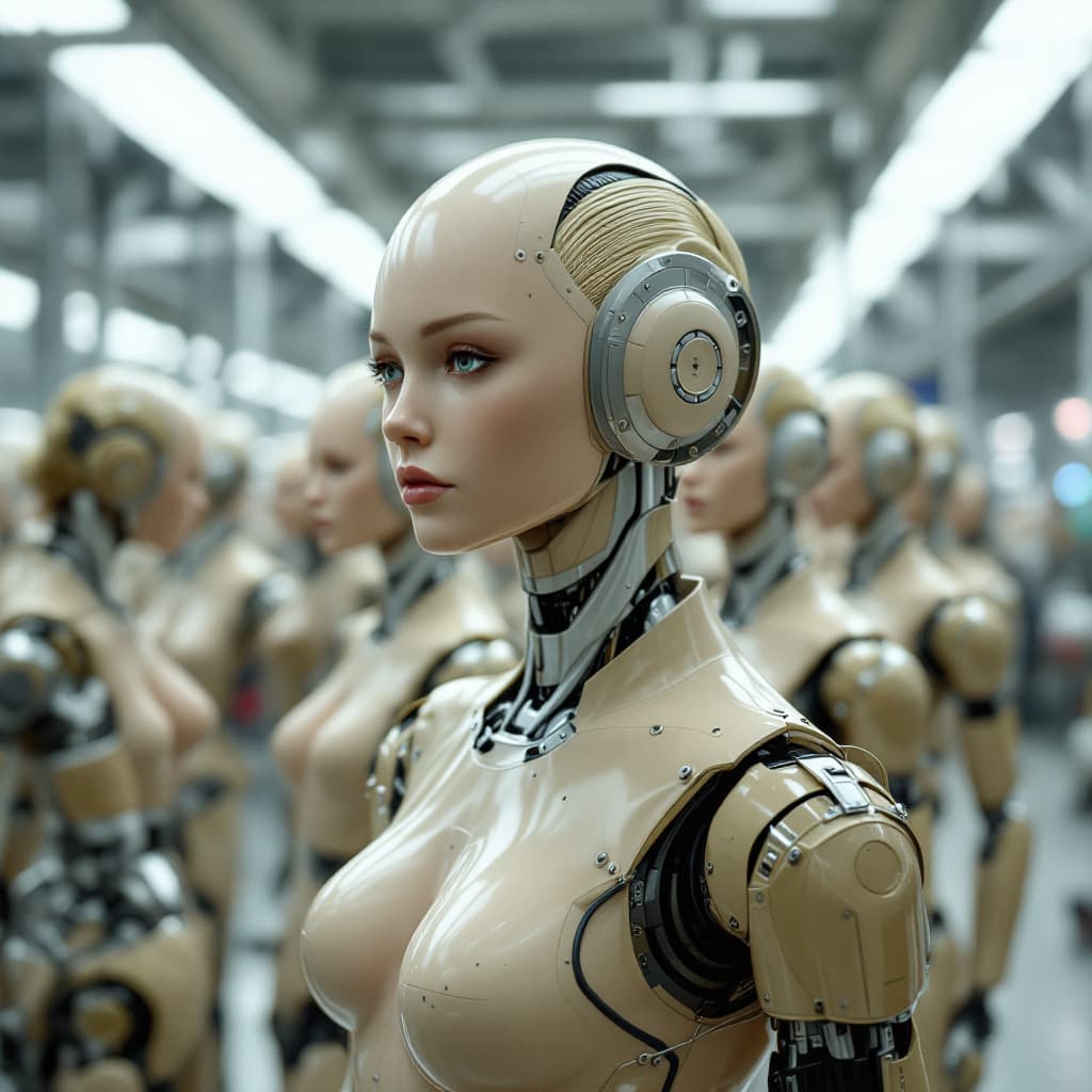 AI generated: kreiere eine große halle in der frauen wie roboter hergestellt und montiert werden. sie stehen alle ...