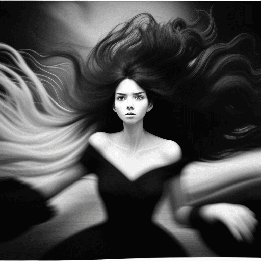 AI generated: a woman with long wild hair on a windy day, in the style of toy camera effects, haunting elegance, f...