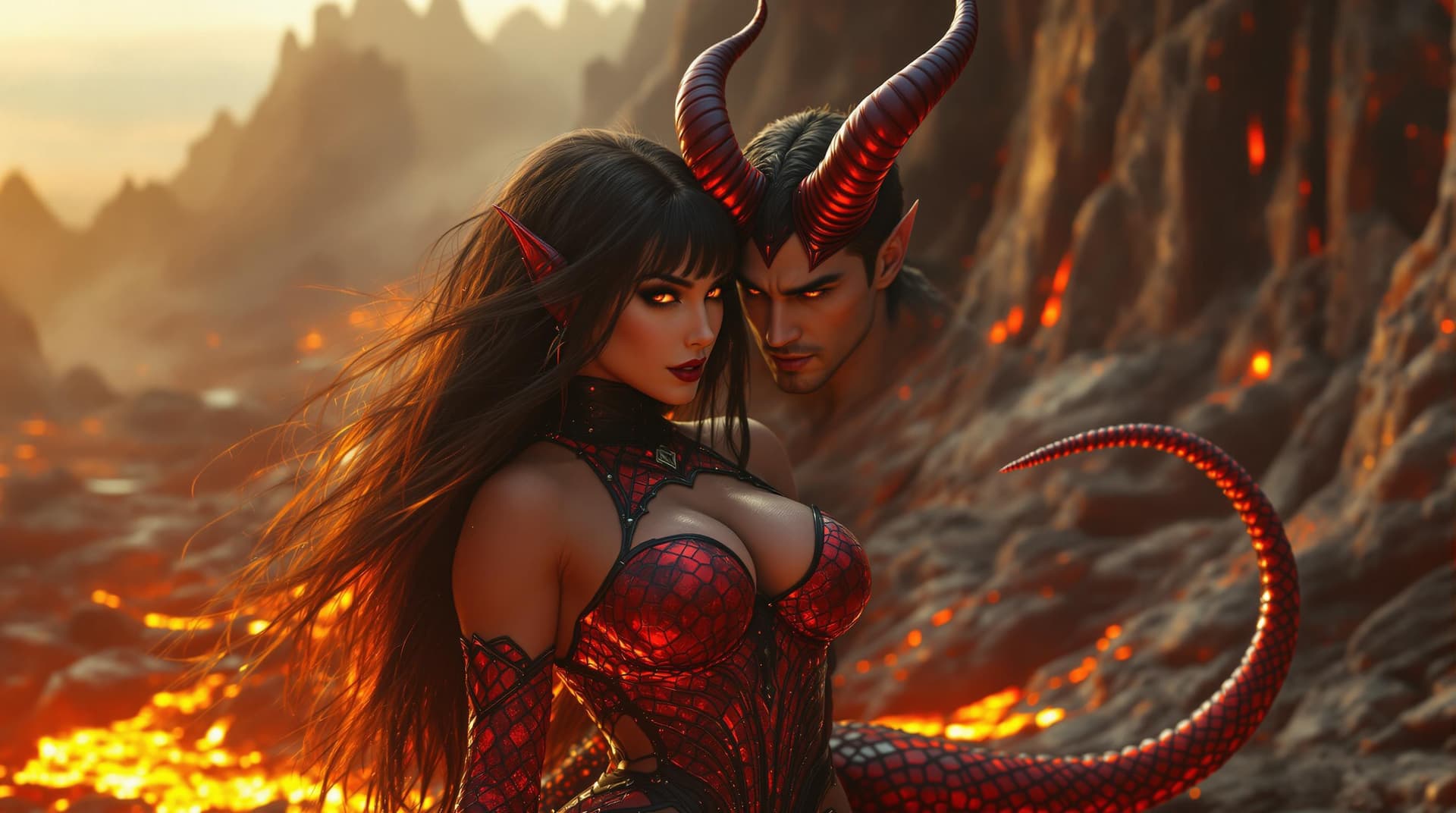 AI generated:  Music Video, A powerful, athletic female demon with rippling muscles, dressed in intricate, red sna...