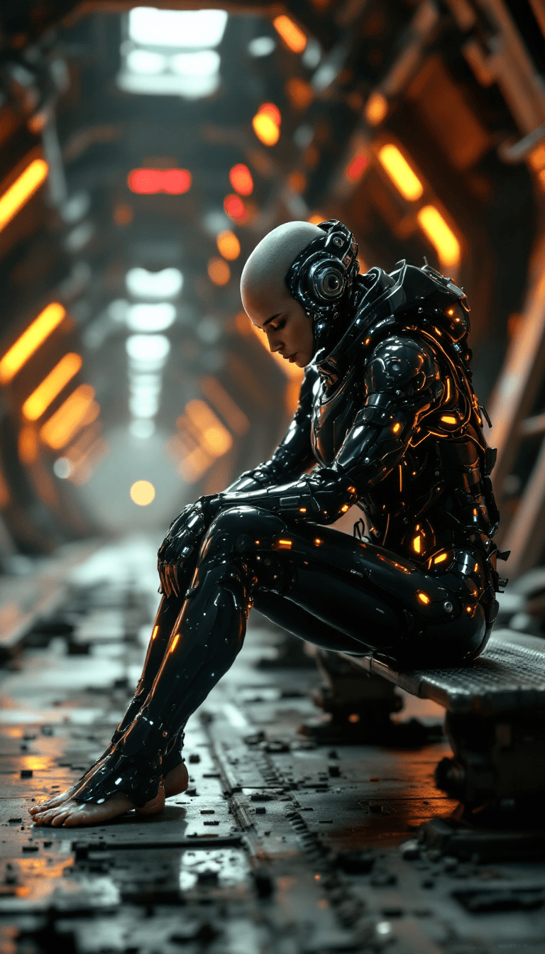 AI generated: Full-body view of a stunning, photorealistic image of a sci-fi warrior, clad in a sleek, high-tech s...