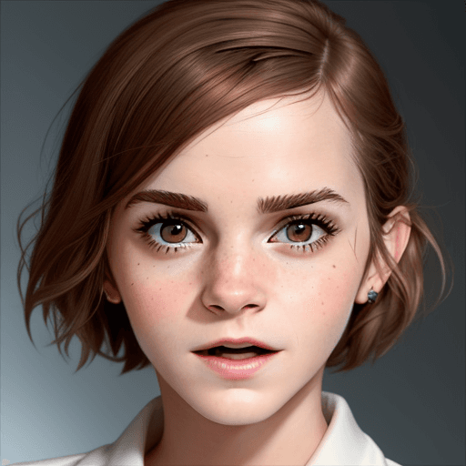 AI generated: Emma Watson, Extreme close-up face, symmetrical face,excited.