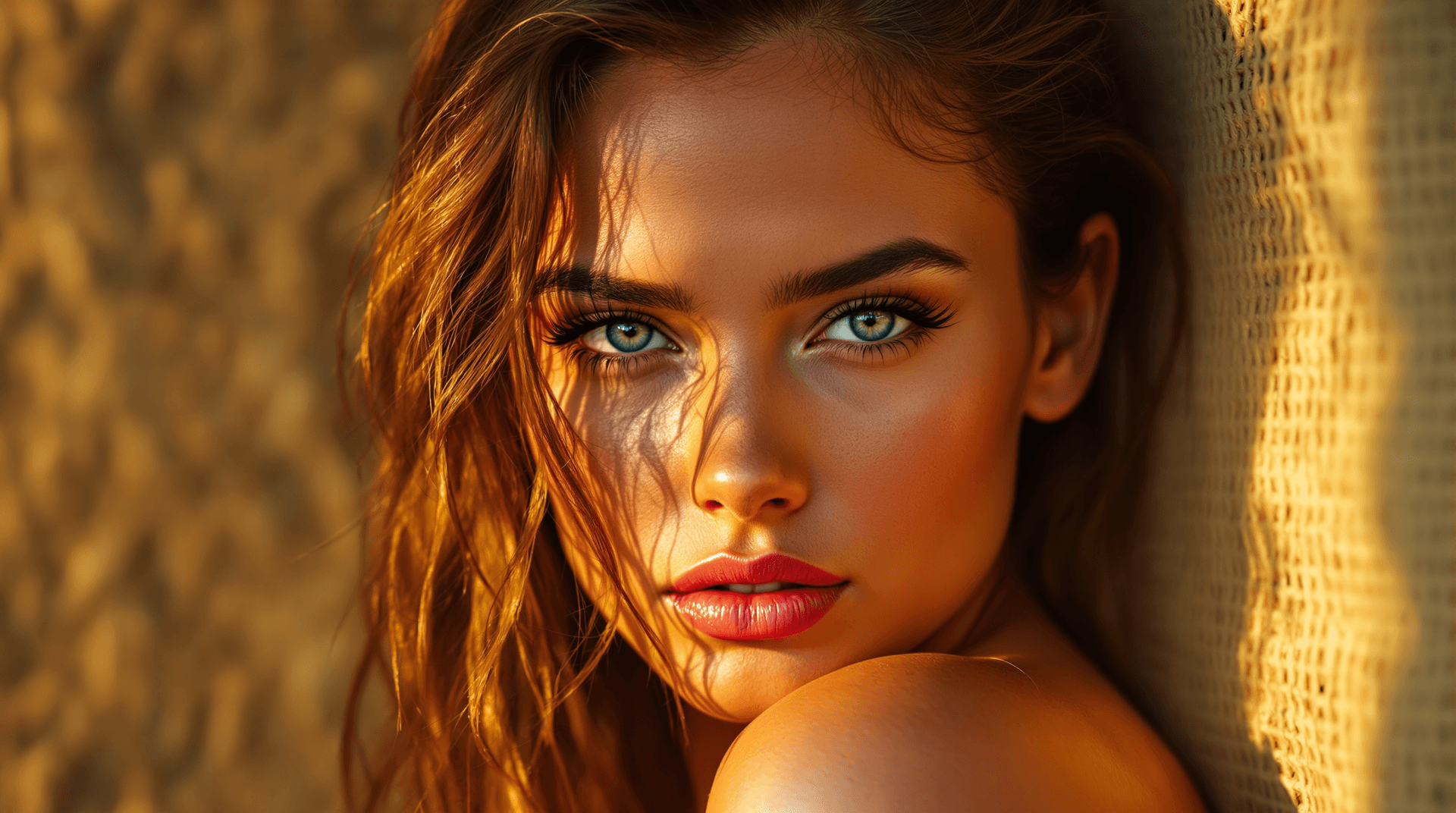 AI generated: A stunning, ultra-realistic portrait of a beautiful young woman with sun-kissed skin, leaning agains...