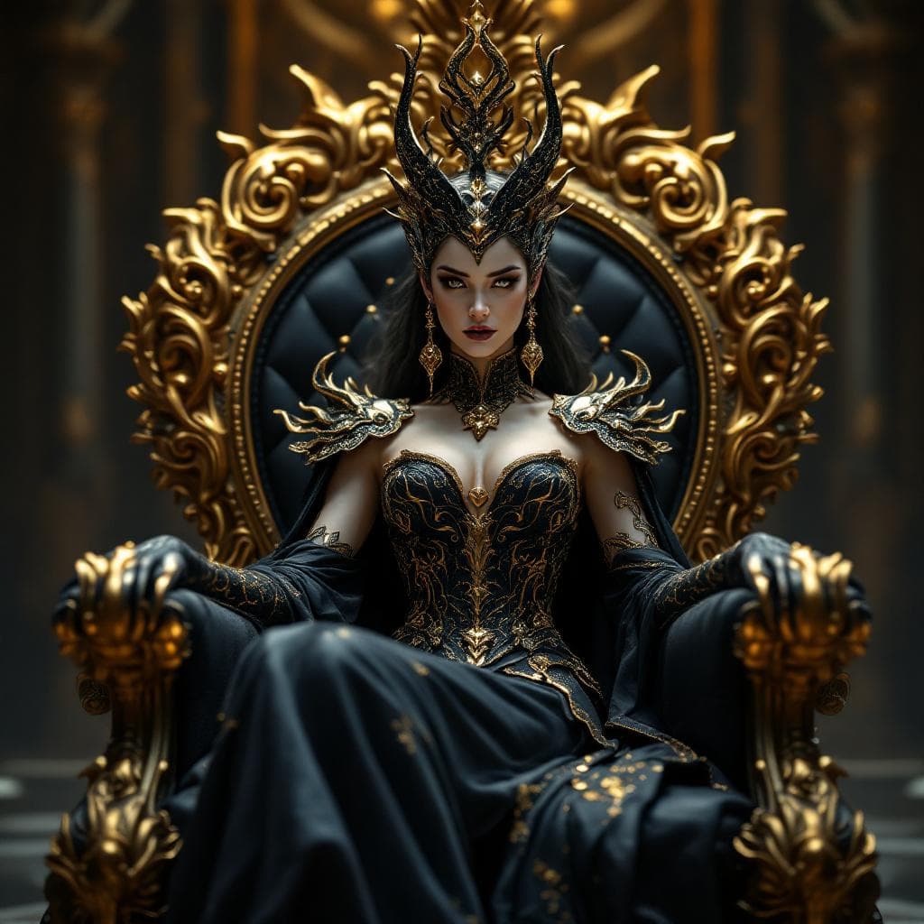 AI generated: A very beautiful queen sitting on a black throne made of gold, with a serpent-dragon like elements a...