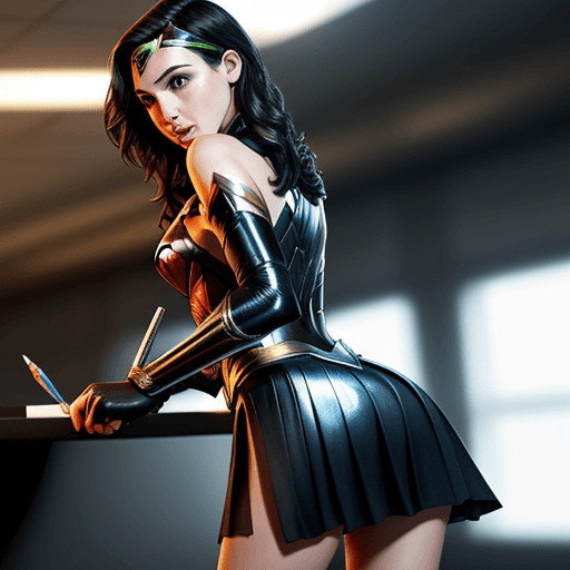 AI generated:  tight skirt, shiny skirt, picking up a pen from the floor, from behind, look like gal gadot, fix fa...