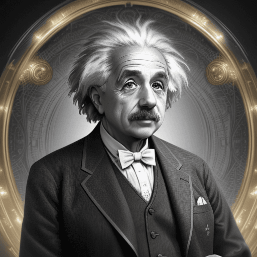 AI generated: High resolution futuristic Albert Einstein, his suit should be white with gold, it should look very ...