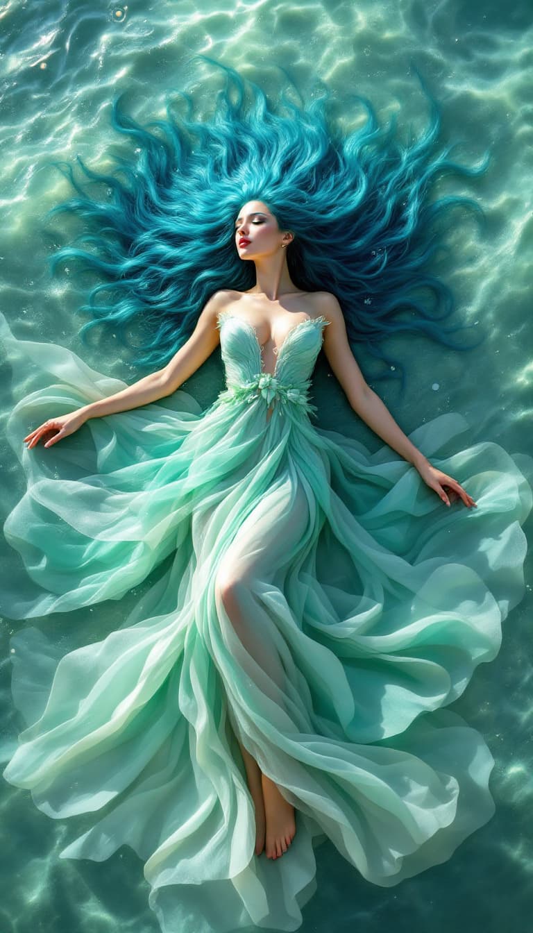 AI generated: "Sapphire Siren in a Shimmering Lagoon": An enchanting siren sprawls across a dynamic, textured back...