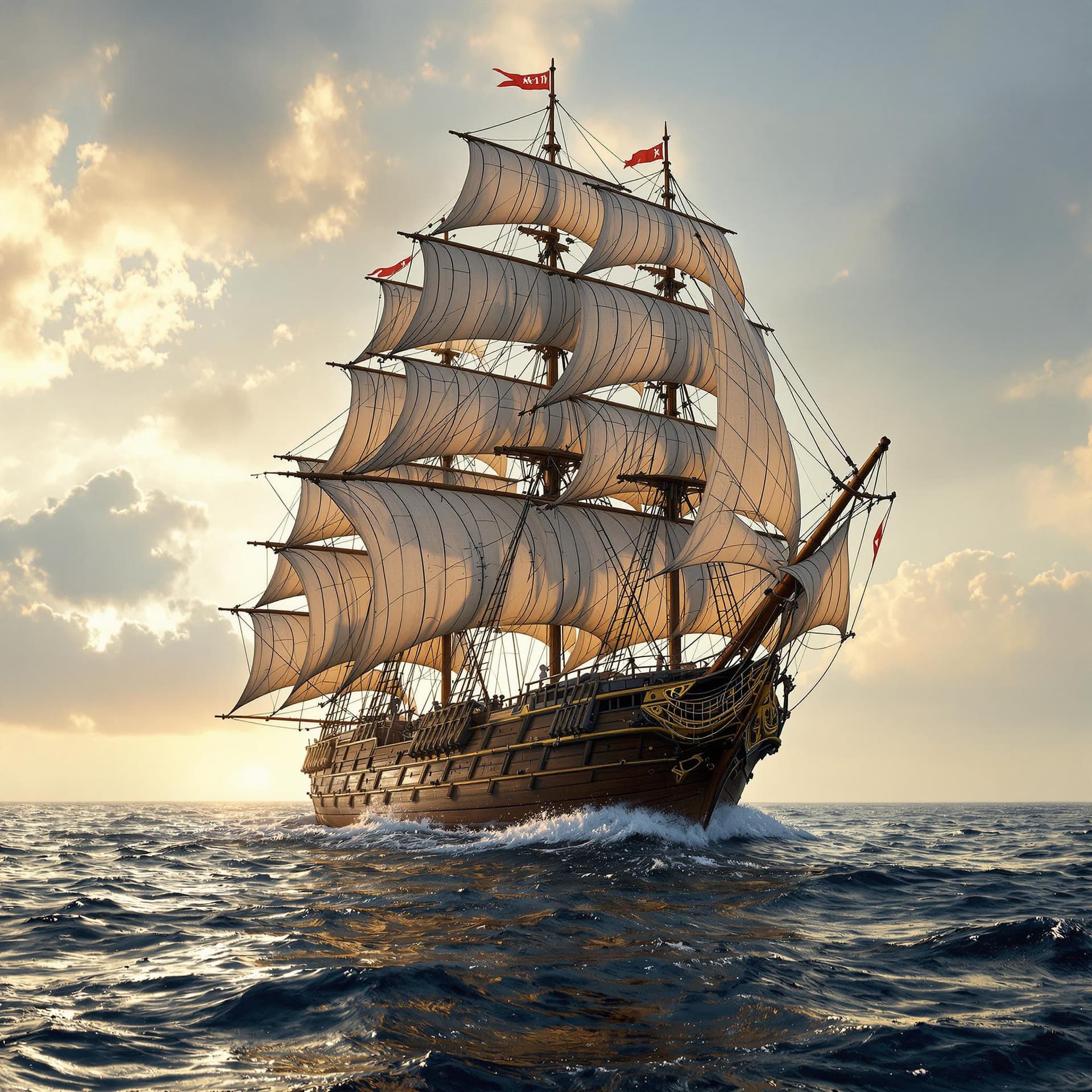 AI generated: Photo of a ultra realistic sailing ship, dramatic light, pale sunrise, cinematic lighting, battered,...