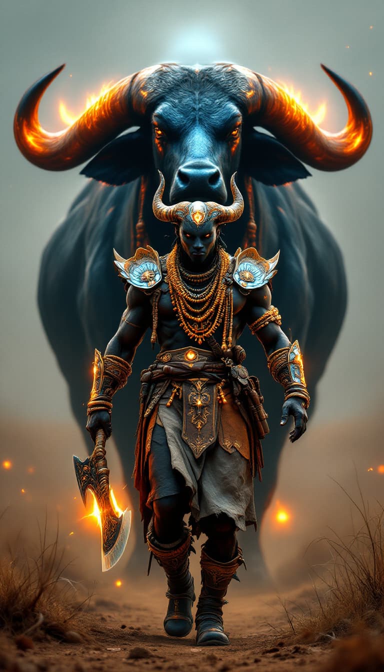 AI generated: An ultra-realistic, wide angle, front facing, full-body portrait of a skilled African Beastmaster, d...