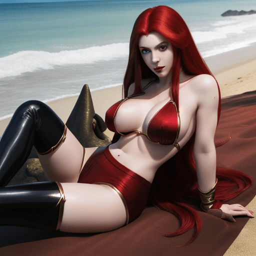 AI generated: Photo of blood elf female with long red hair big chest , golden eyes, black stockings lying on the b...