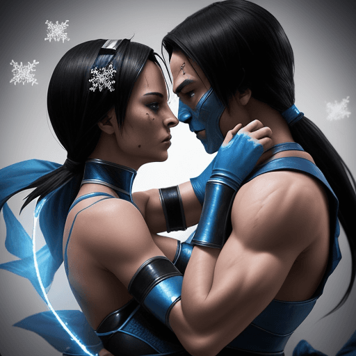 AI generated: sub-zero and kitana with her costume showing affection and love, romantic, floating hearts, detailed...
