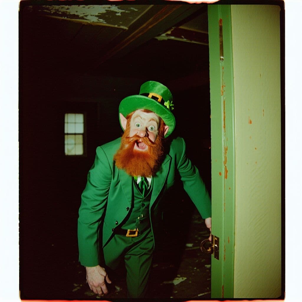 AI generated: grainy 80's photograph quality polaroid of a leprechaun caught in an abandoned house, dark, uncanny,...