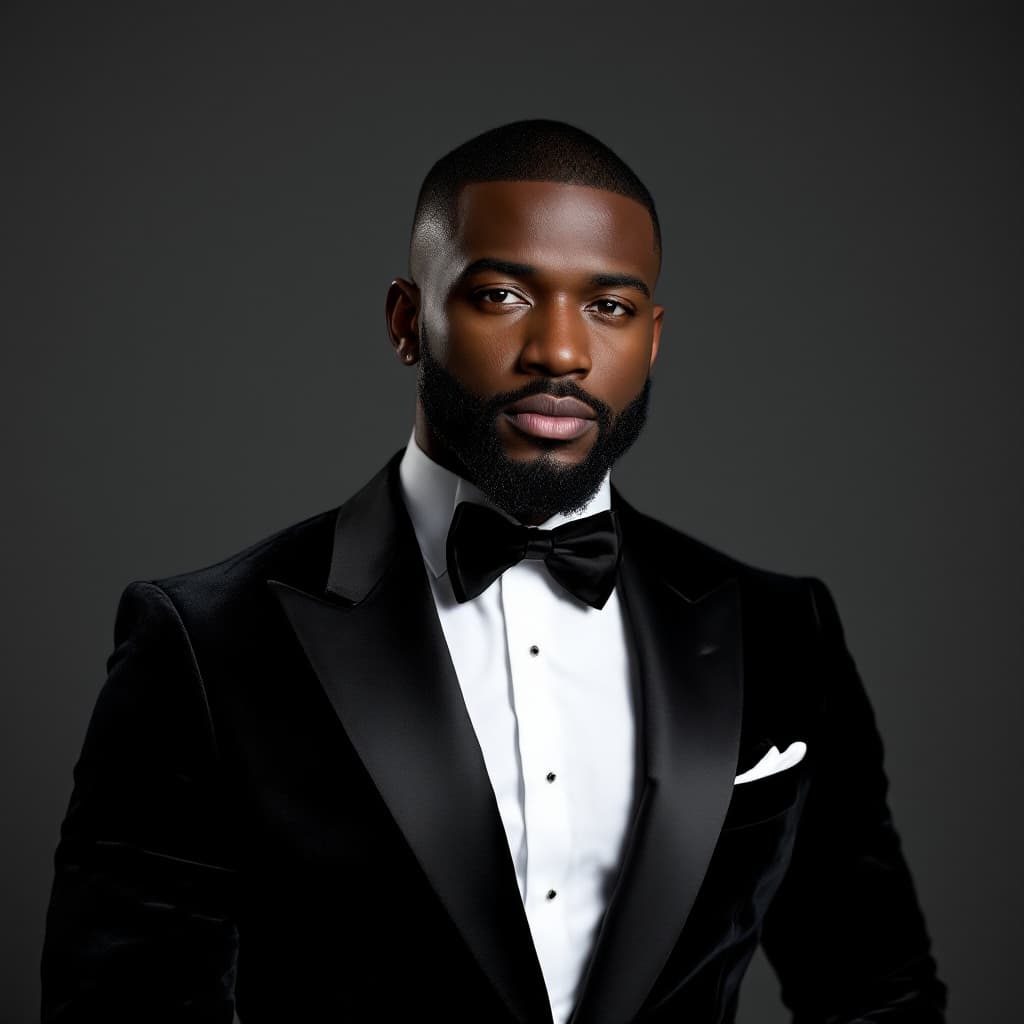 AI generated: Portrait of a 29-year-old African-American man, deep brown skin, close-cropped hair, trimmed beard, ...
