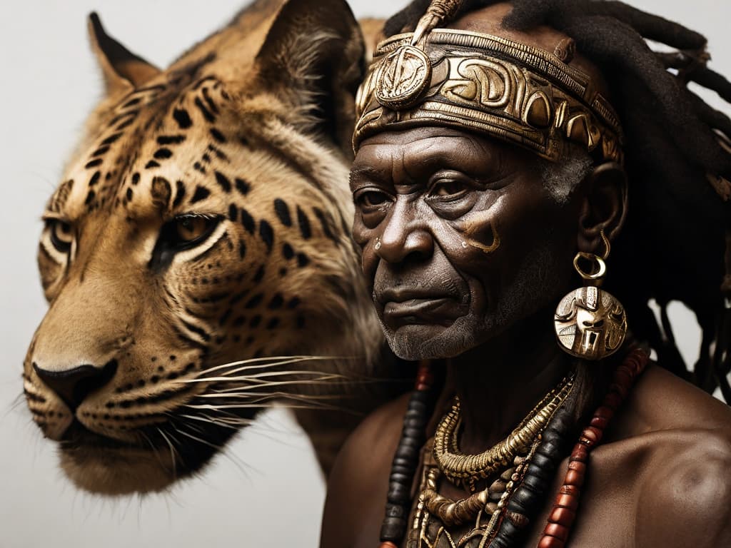 AI generated: “Portrait photograph of an elderly African warrior chief with a tribal panther mask, gold on white, ...