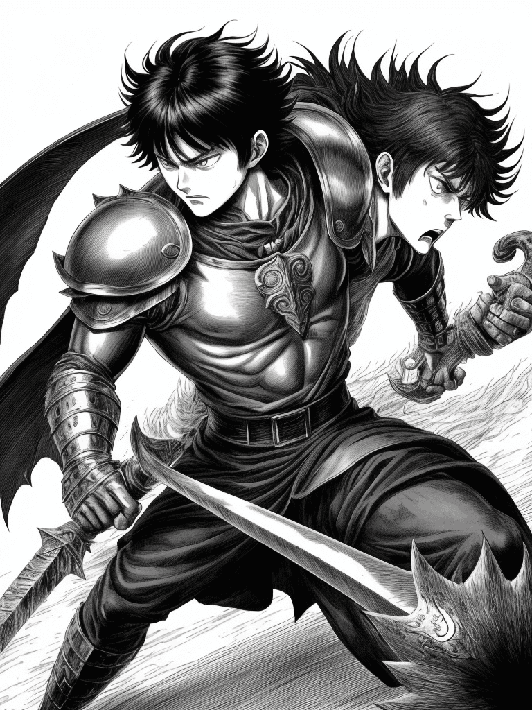 AI generated: monochrome, a man with big eyes, brown hair with tuft, in golden armor, manga, ((without helmet)), b...
