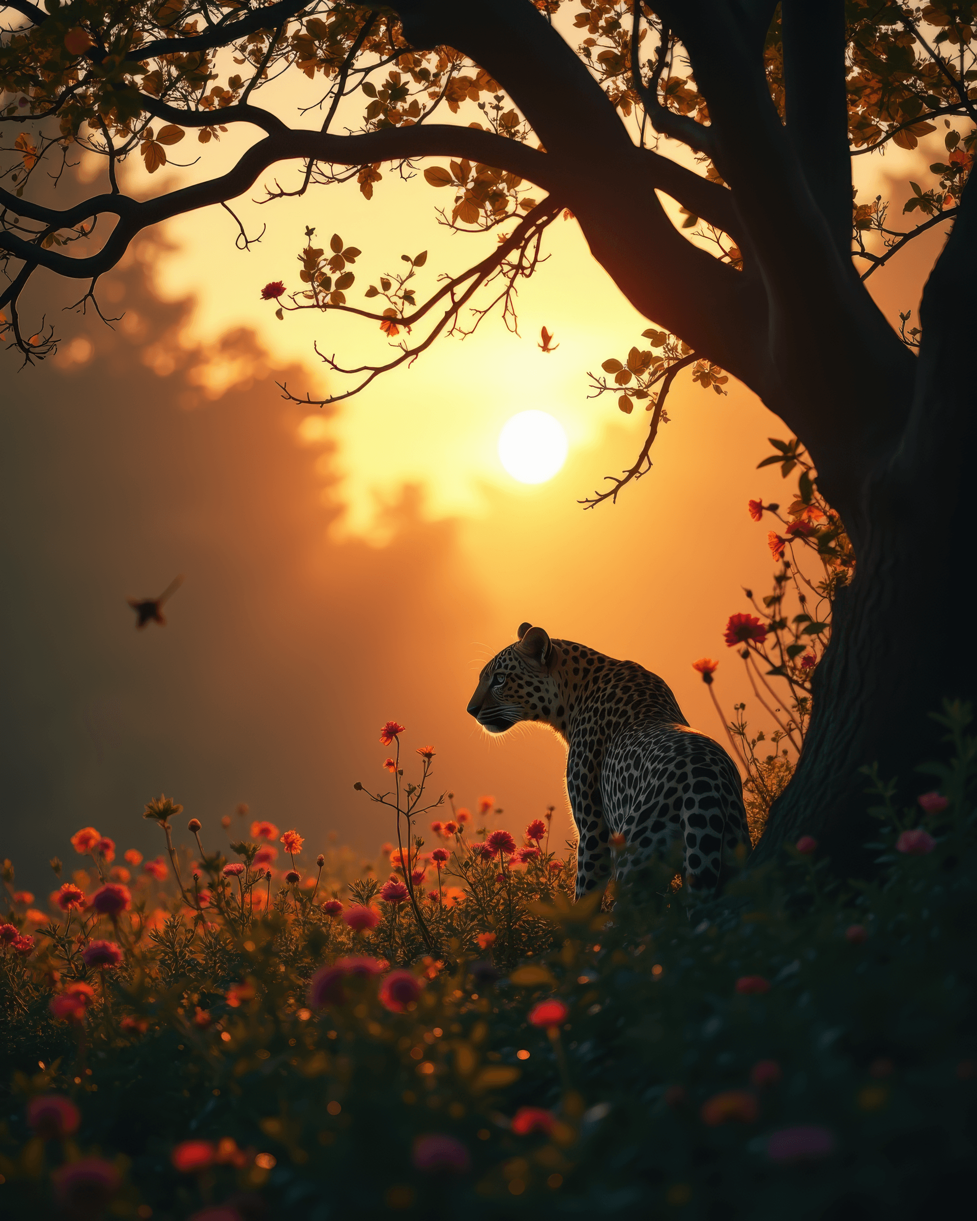 AI generated: A haunting silhouette against the backdrop of a vibrant garden, with vines and branches that flutter...