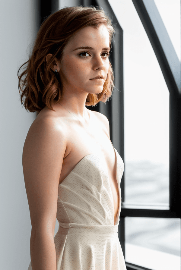 AI generated: (Emma Watson(looking at camera) wearing extremely tight dress:1.3), (curly hair:1.0), (wide hips:0.9...