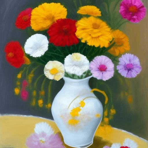 AI generated: white vase, colorful marigolds, today's date on vase