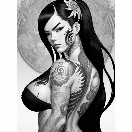 AI generated: black and white illustration in the form of a tattooed geisha with flowing hair, in the style of mar...