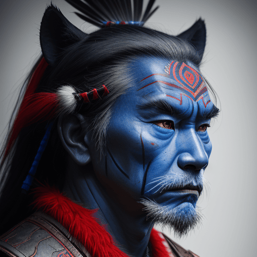 AI generated: portrait photo  of a asia old warrior chief,  tribal panther make up, blue on red, side profile, loo...