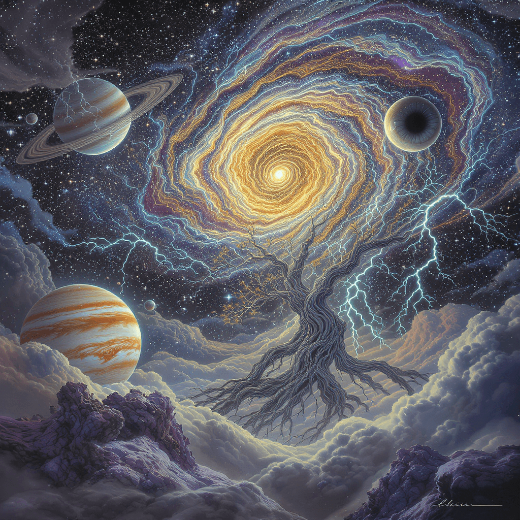 AI generated: Neo-surrealism the birth of the universe. In the style of George Grie. meticulously defined outlines...
