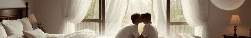 AI generated: This is a photograph of a beautifully decorated bedroom with a window wall having a view of a dense ...