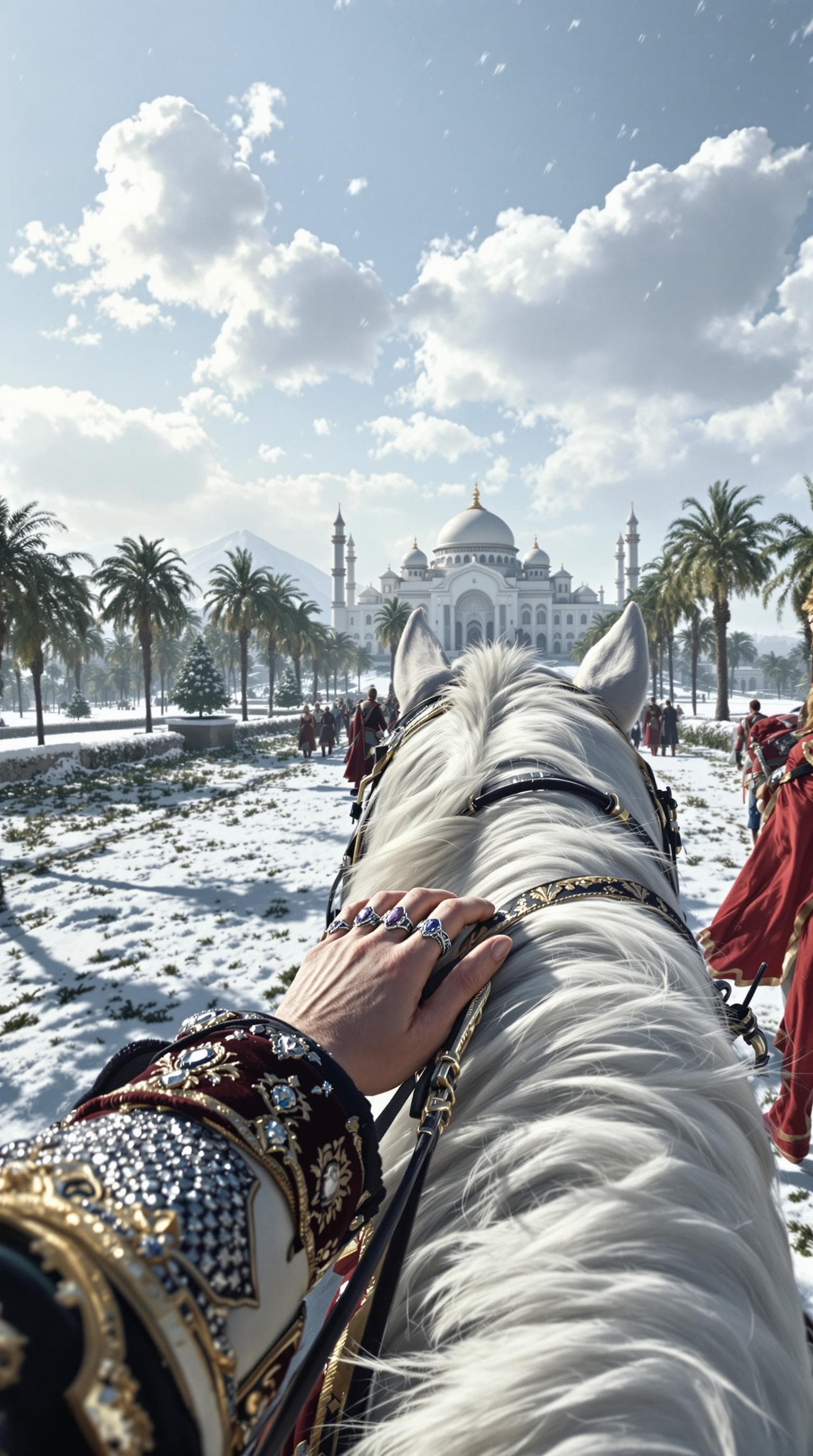 AI generated: First person POV, the male pale hands grip the reins of his majestic white horse, adorned with intri...