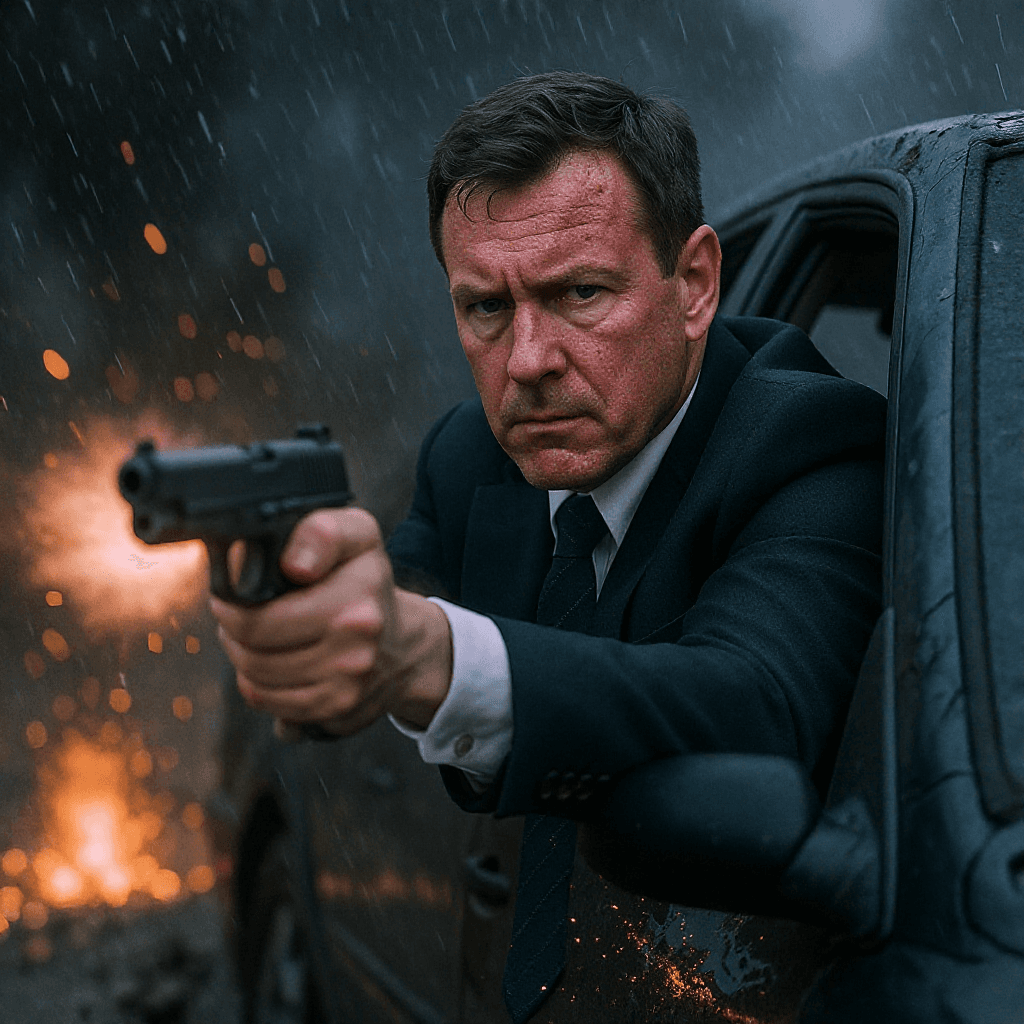 AI generated: A medium shot captures a man in a dynamic action pose, firing a handgun with a dramatic muzzle flash...