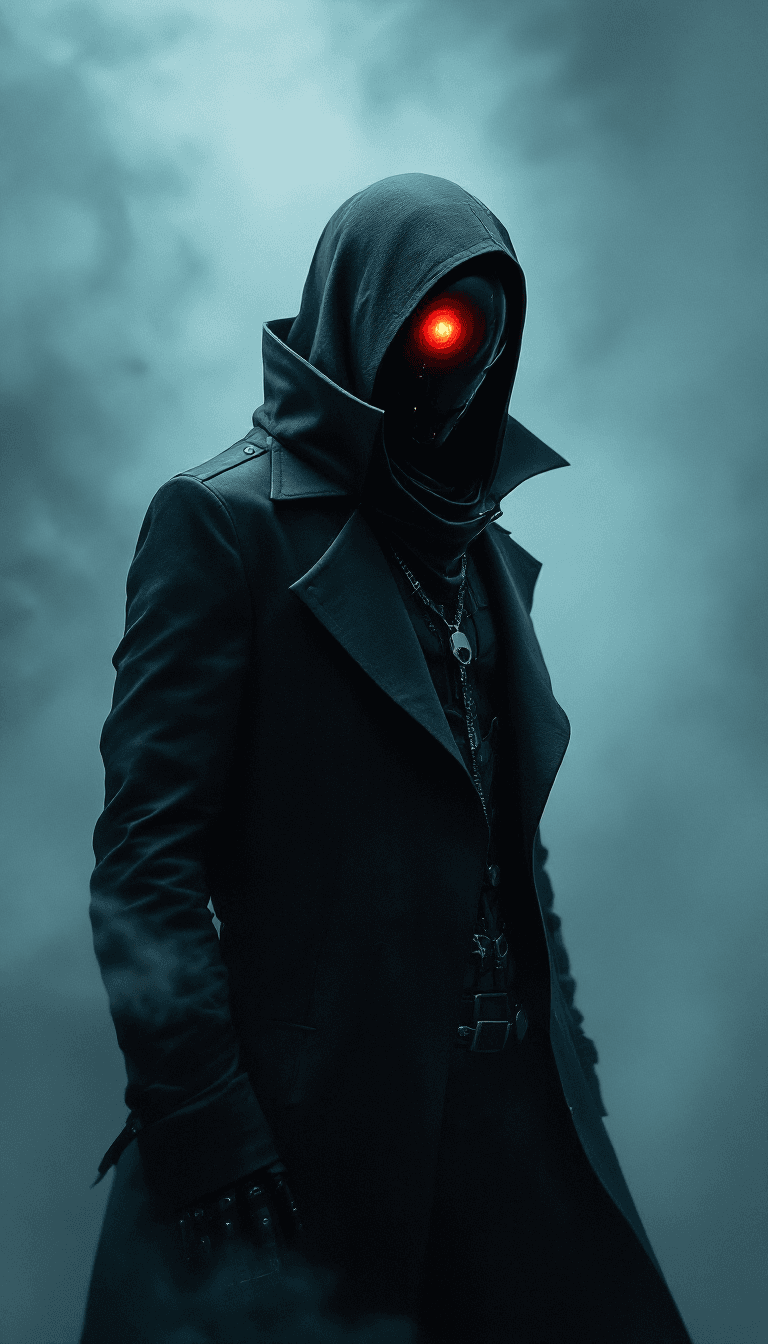 AI generated: A one-eyed cyborg reaper stands in a haze of swirling smoke, its glowing red eye cutting through the...