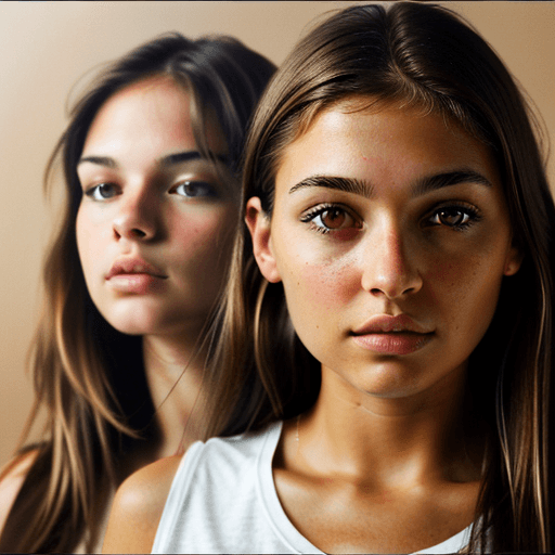 AI generated: brown calm amstaff face next to white girl face, high quality photo, girl with brown eyes, light bro...