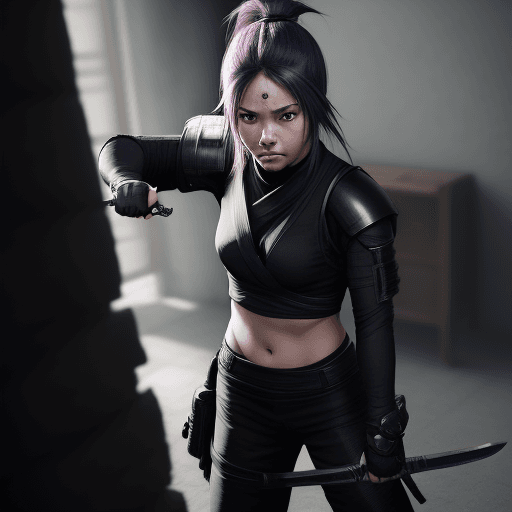 AI generated: ninja, girl, weapon, hair, chracter, soft lighting, ultra realistic, photography, photorealistic, fu...