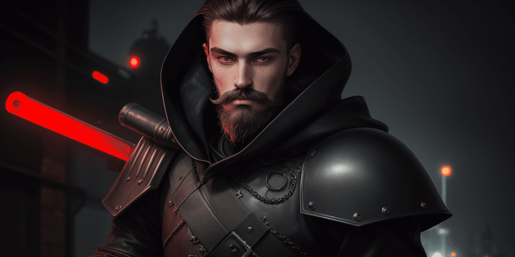 AI generated: Close-up of Slavic very young man knight with beard and small moustache and no helmet wearing black ...
