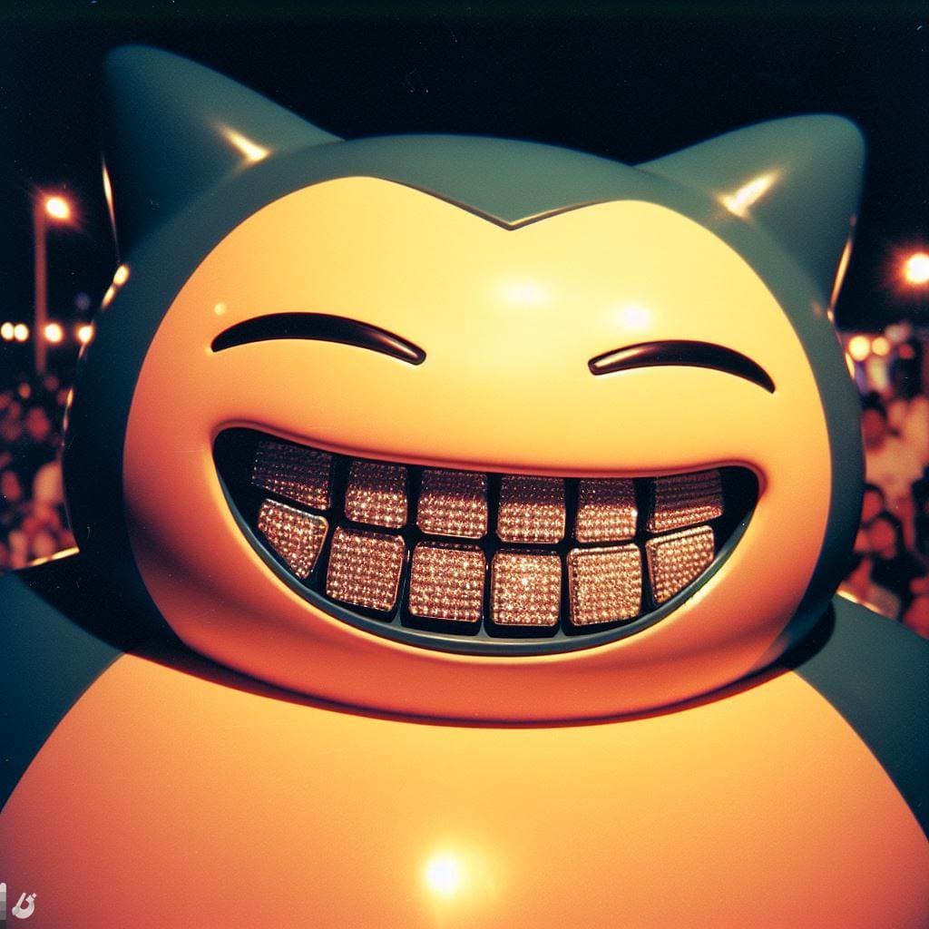 AI generated: Snorlax Pokemon getting diamond grills on teeth, in the style of photo taken with ektachrome, in the...