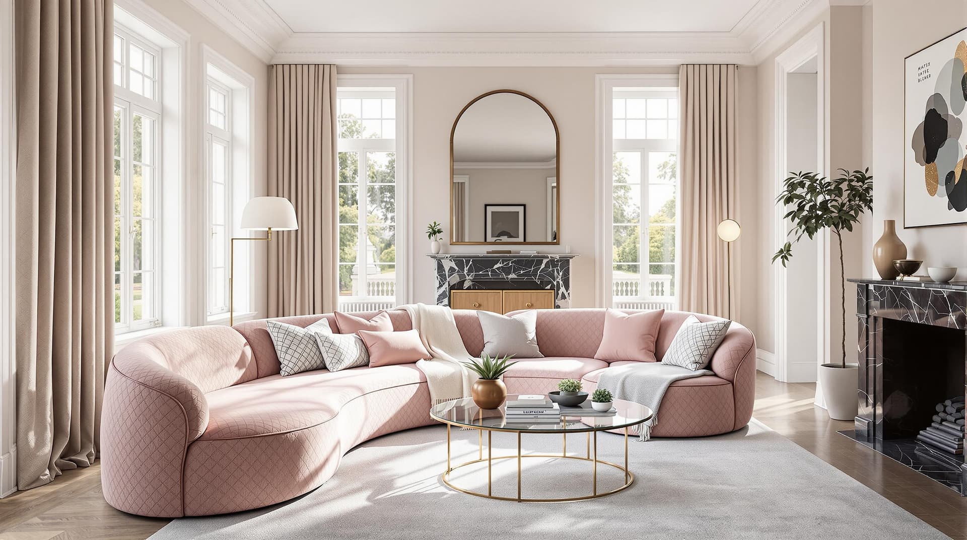 AI generated: An elegant and brightly lit living room interior. Focus is on the rounded, plush pink sofa with its ...