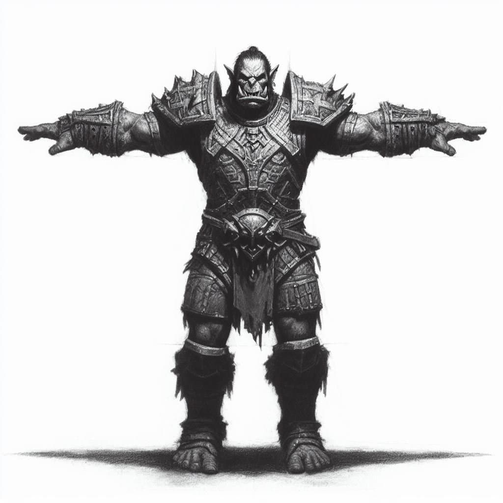 AI generated: full body t-pose of an orc warrior | front view | 2D handmade charcoal illustration on white canvas