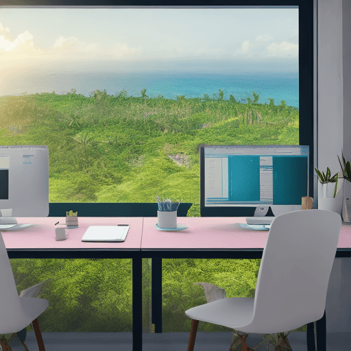 AI generated: photo of a ultra realistic co-working space , a digital nomad is seated on a dedicated desk and is w...