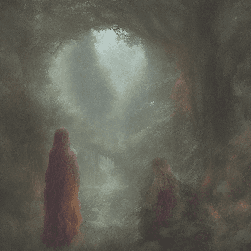 AI generated: a fantastical scene featuring mythical creatures and women in a lush, green landscape. Two women in ...