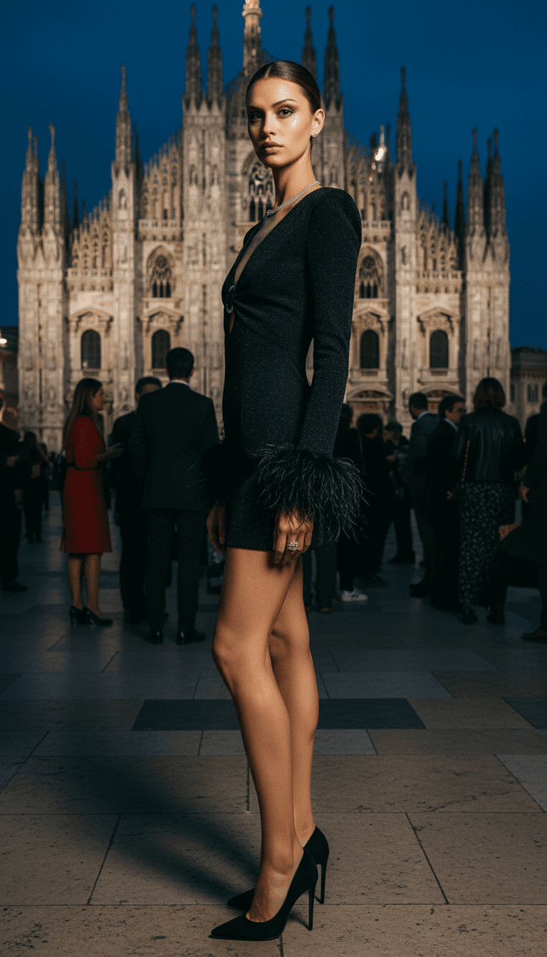 AI generated: A stunning female model with dark hair pulled back, wearing a black glittery mini-dress with a deep ...