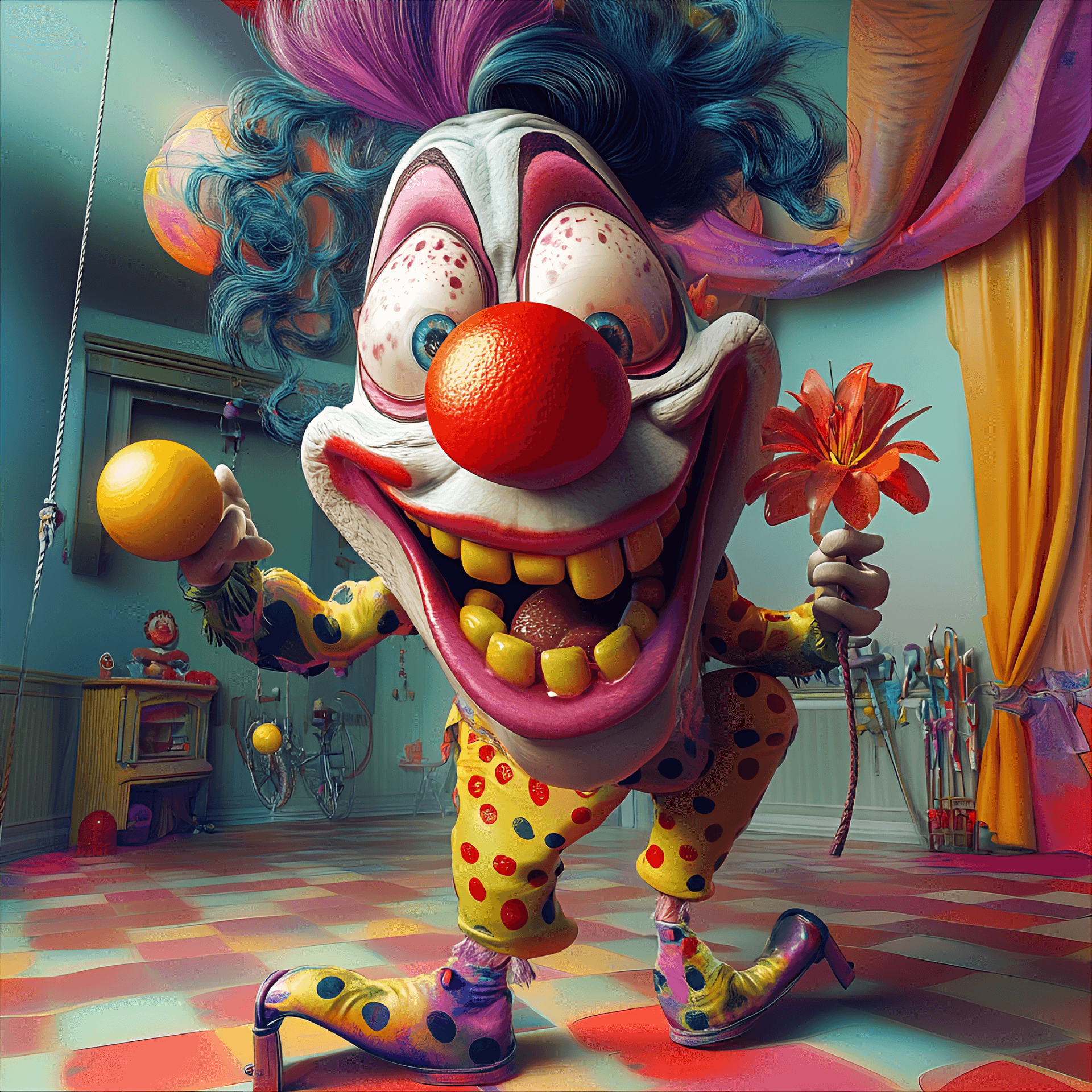 AI generated: funny caricature, zany clown character, 35 years old, colorful, mischievous, elastic, exaggerated ru...