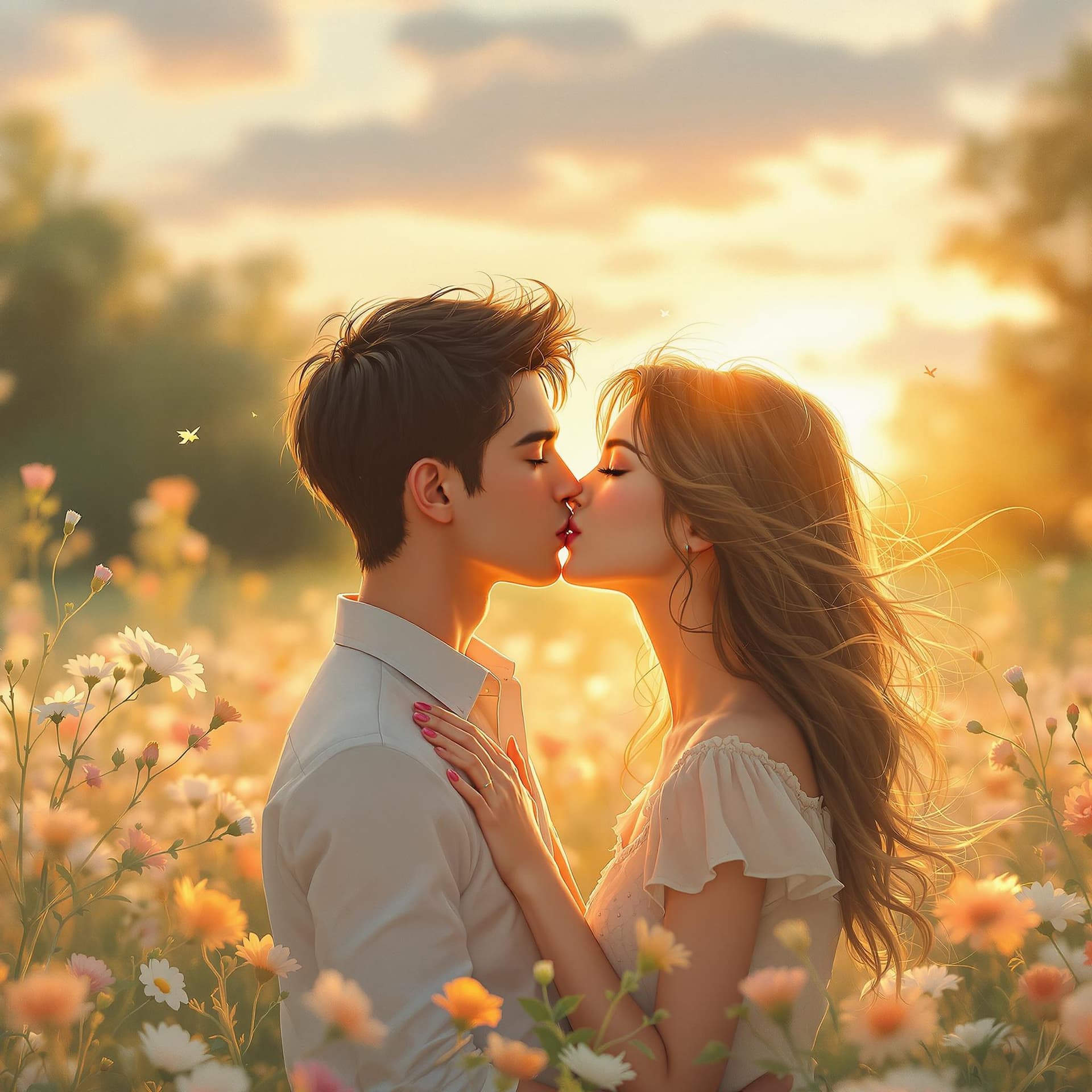 AI generated: Two characters share a tender kiss on the lips in a romantic outdoor setting. The couple stands in a...