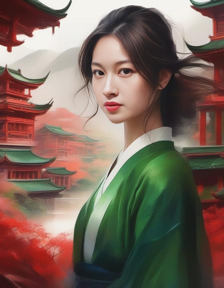 AI generated: Watercolor masterpiece, red cityscape, tall structures, winding rivers, green hills, captivating fem...