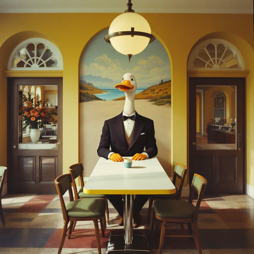AI generated: the cafeteria features a large mural of a man dressed as a duck seated at a coffee table, in the sty...