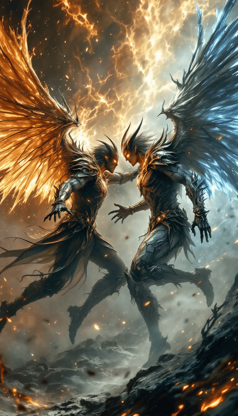 AI generated: Epic Fight between one angel and one demon, angel and demon wings, Extrem perky skin, freckles, real...