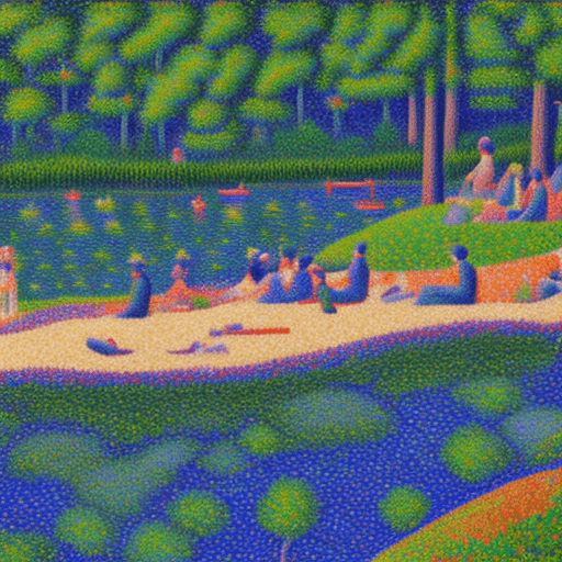 AI generated: Imaginative bank of the river with a few resting people in Seurat's pointillism style with great det...