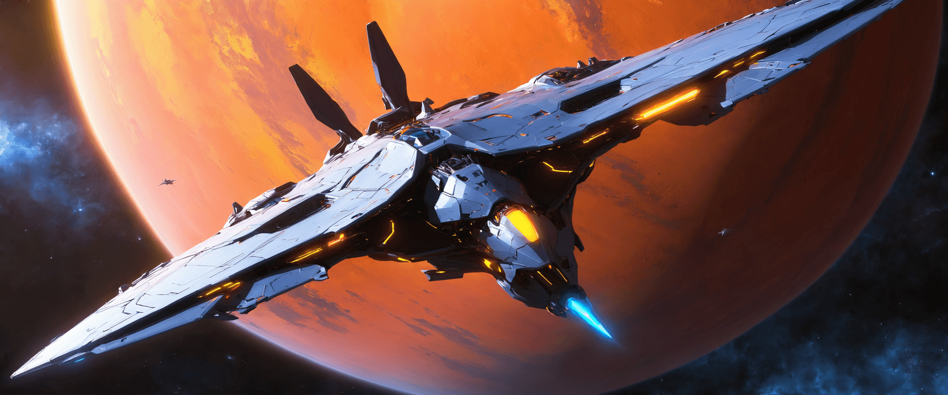 AI generated: concept art a futuristic military space craft, space craft is hovering in the air with blue flames b...
